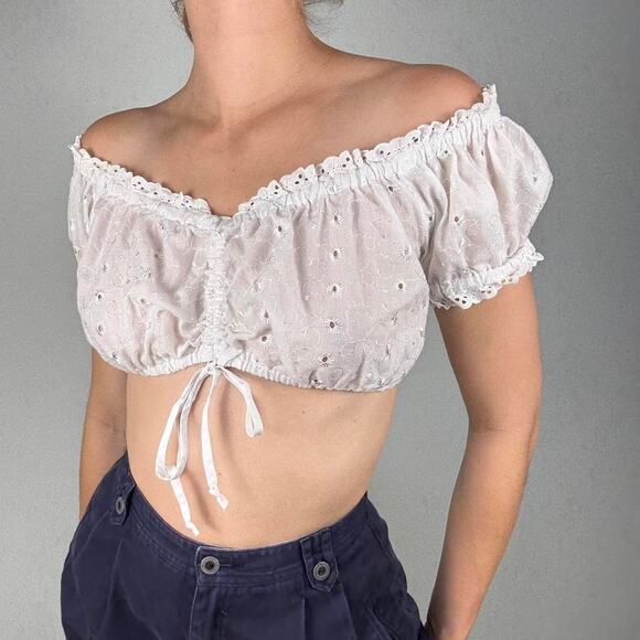 White eyelet off the shoulder lace up milkmaid cropped top - fits like small - Picture 5 of 8